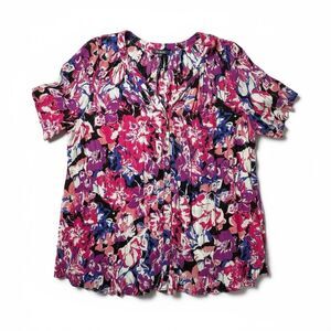 Romans Womens Button Up V Neck Floral Short Sleeve Top Size 26W Art To Wear EUC
